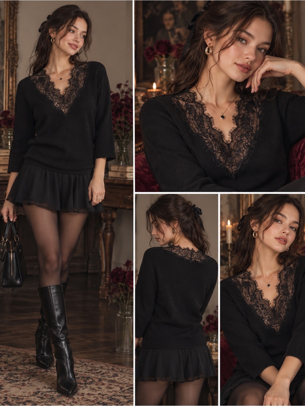 Zara NWT Black Wool Blend Lace V-Neck Sweater |Medium| Whimsy Goth Indie
